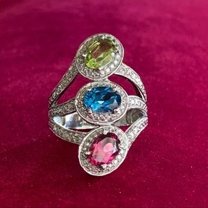 NWOT 3 Gemstone Ruby, Blue Topaz, Peridot Ring Set In Stainless Steel Size 6